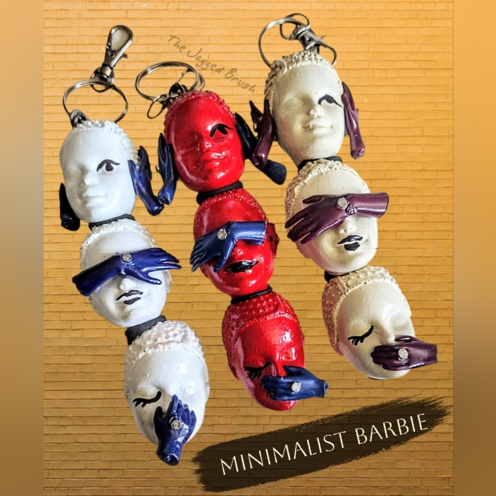 😍 Hear See Speak No Evil Barbie Head Color Block Keychains Fobs Purse Charms